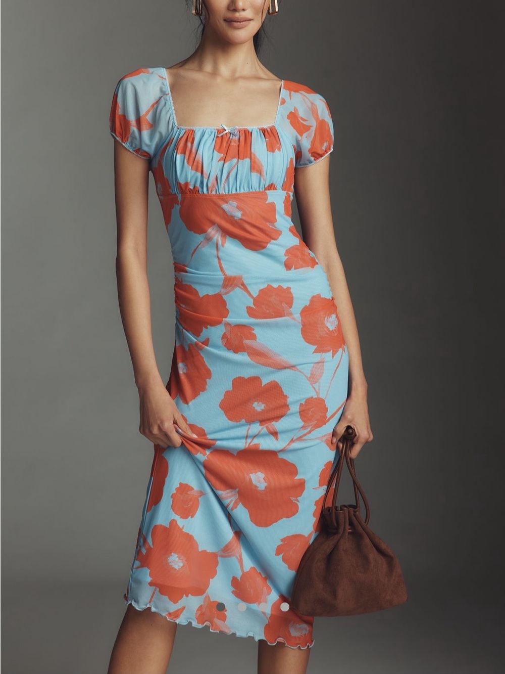 Anthropologie Maeve Puff-Sleeve Square-Neck Mesh Midi Dress